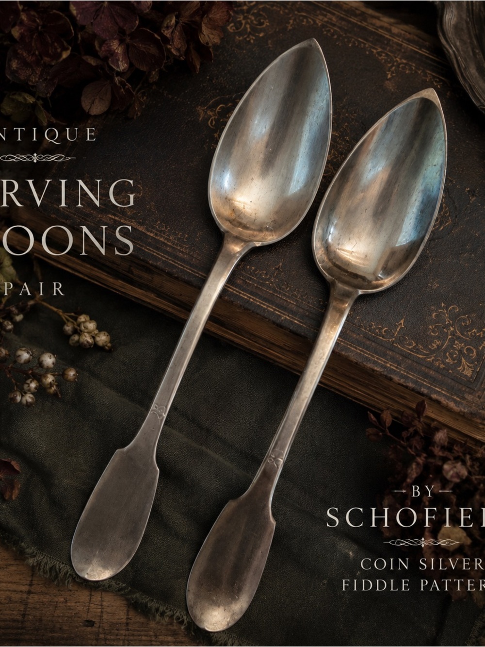 Antique Coin Silver Serving Spoons Pair by Schofield Fiddle Pattern